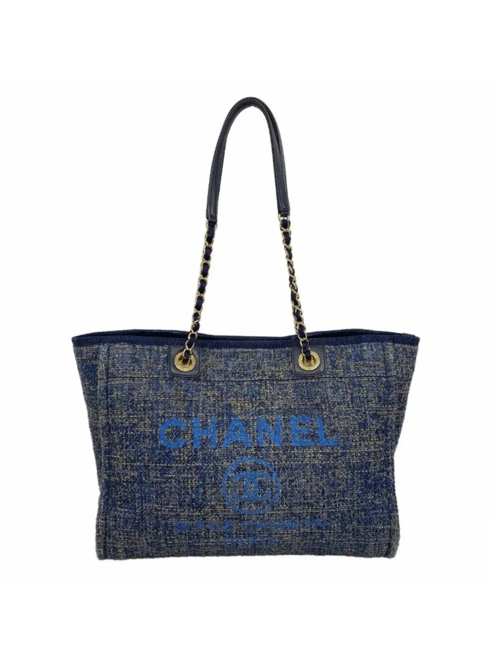Chanel Tote Bag Deauville Tweed Blue Gold